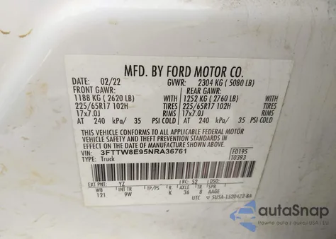 2022 Ford Maverick Xl z USA, uszkodzony, nr VIN 3FTTW8E95NRA36761